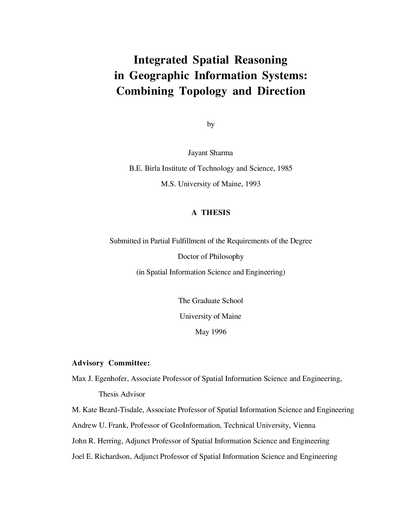 Dissertation - Integrated Spatial Reasoning In Geographic Information Systems