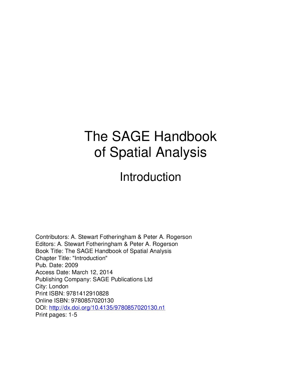 The SAGE Handbook of Spatial Analysis